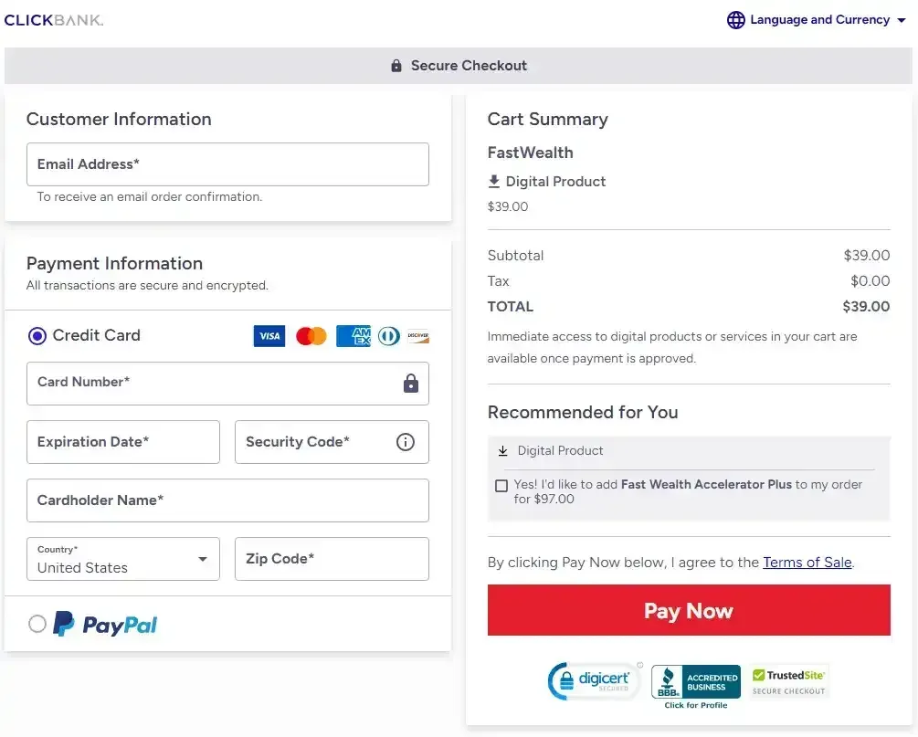 Fast Wealth Checkout Page